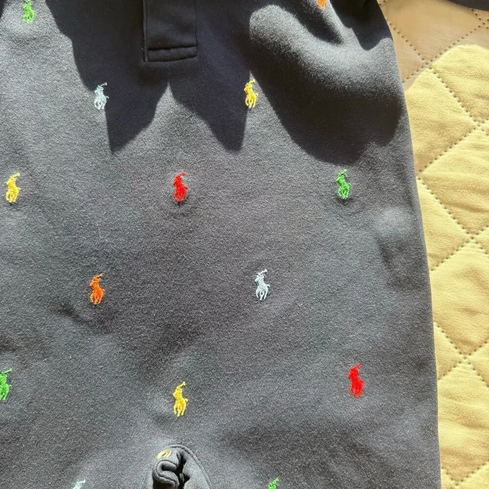 Ralph Lauren Baby Boys 12M Navy Multi Pony Embroidered Polo Coverall Romper